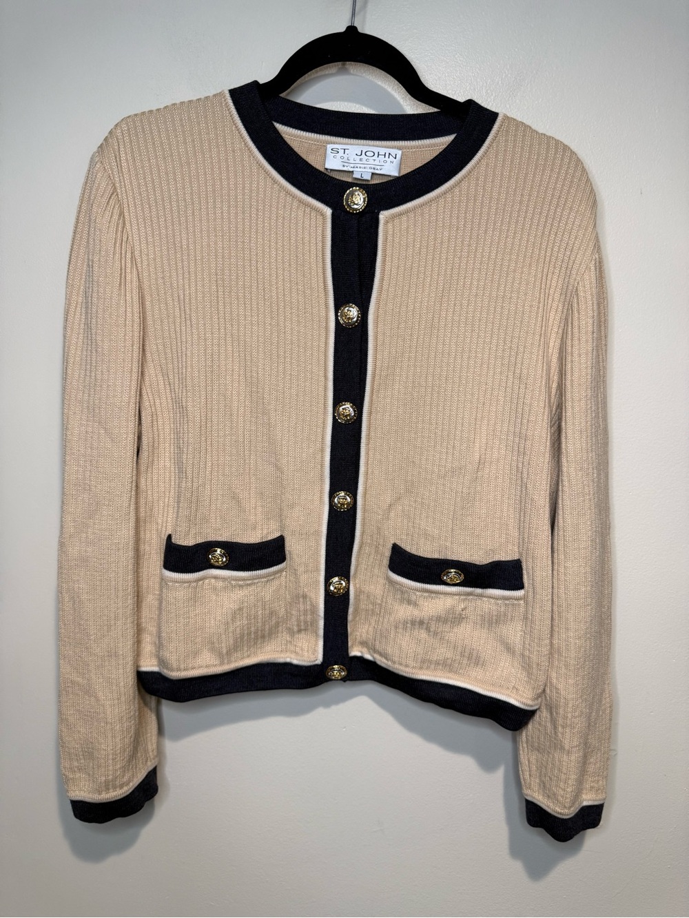 St. John Collection Beige Ribbed Knit Cardigan with Black Contrast trim